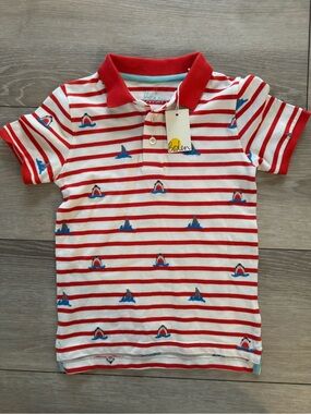 Boden Red & White Striped Polo with Blue Shark Motif